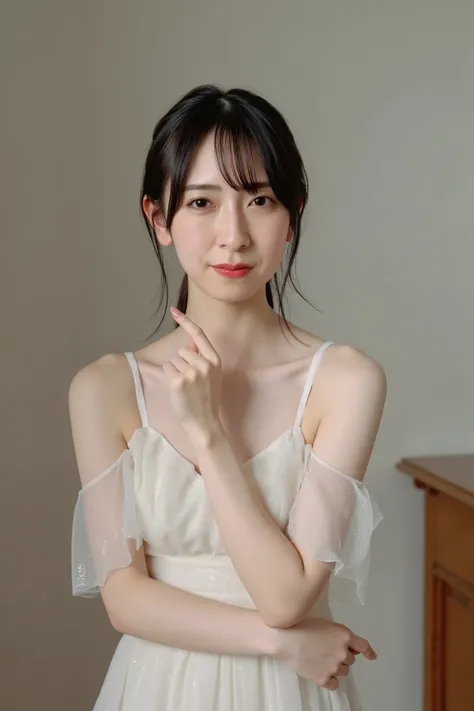 A high resolution photograph of a Japanese young woman in dress, photo-realistic, Intricate details, 8k, solo, 1girl, (insert own index finger into nostril:1.4), pale skin, fine-textured skin, detailed face, perfect hand, detailed hand, detailed fingers, i...