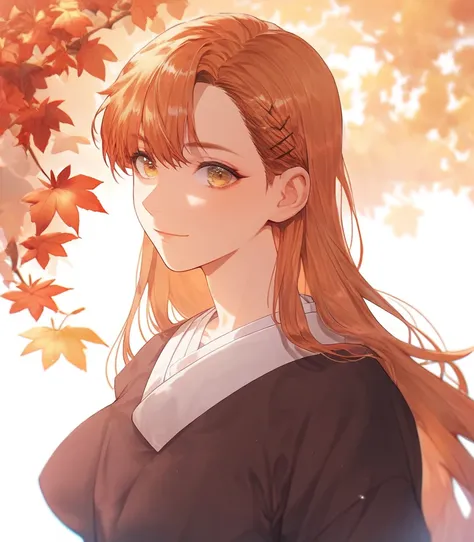 1girl, pretty, cute, orange hair, long hair, bangs, yellow eyes, brown dress, autumn, manhwa