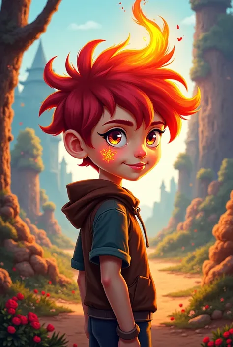 a cartoon rpg style brunette boy with fiery red hair and a fire tattoo on his eye