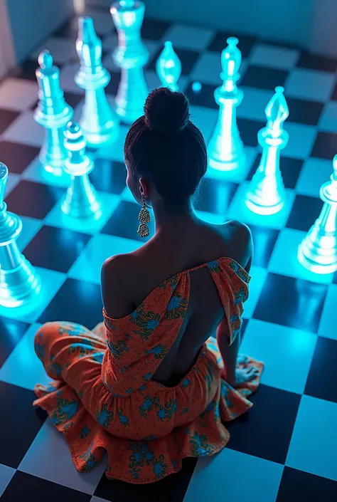 aerial view of black woman dressed in african designed high fashion clothes, sitting on a blue and white neon lit chess board. , very high detailed and clear image, providing a cinematic look like shot from a 70mm lens panavision camera, 32k high definitio...