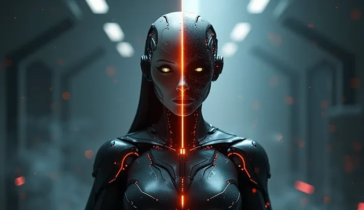  Creates an image divided into two parts : On the left side,  an AI agent represented as a powerful and authoritative figure ,  with futuristic details ,  intense lights and dramatic shadows ;  On the right side ,  the same figure in a more subservient or ...