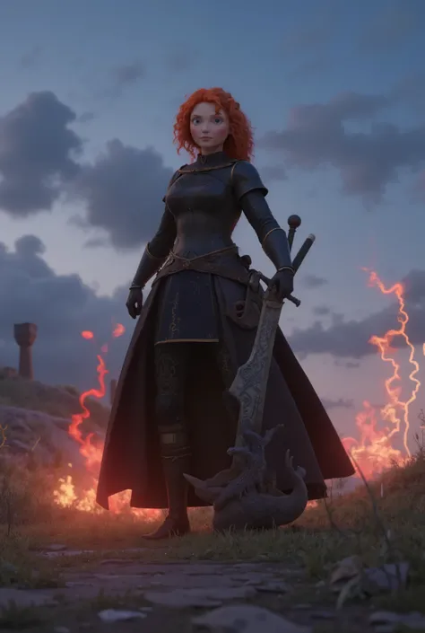 Anime Girl，Pitch-black armour, A two-handed giant sword with a dragon carving is stuck in the ground in front of you，He holds a huge two-handed sword with a dragon carved on it.，whole body，Panoramic lens,The body is surrounded by red lightning and flames,b...