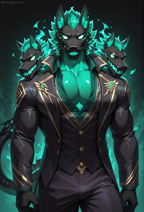 high quality, highres, masterpiece, cerberus (fortnite), anthro, male, muscular male, pecs, 3 heads,  green flame, dark green flaming background, dark, green flame hair, snake tail,wearing a formal suit, the black jacket has gold wing-shaped embroidery on ...