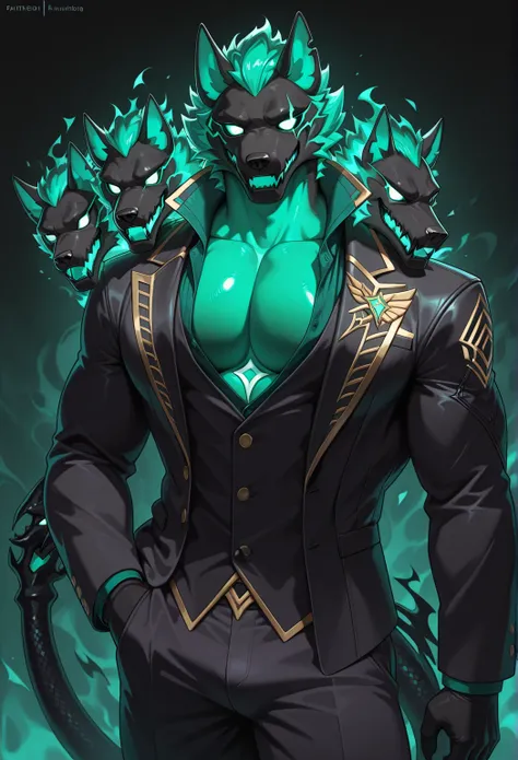 high quality, highres, masterpiece, cerberus (fortnite), anthro, male, muscular male, pecs, 3 heads,  green flame, dark green flaming background, dark, green flame hair, snake tail,wearing a formal suit, the black jacket has gold wing-shaped embroidery on ...