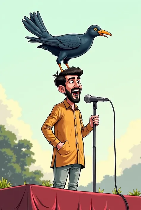 Satirical cartoon A Bangladeshi poet-type man in Punjabi pajamas gives a speech on the mic while a crow poops on his head.