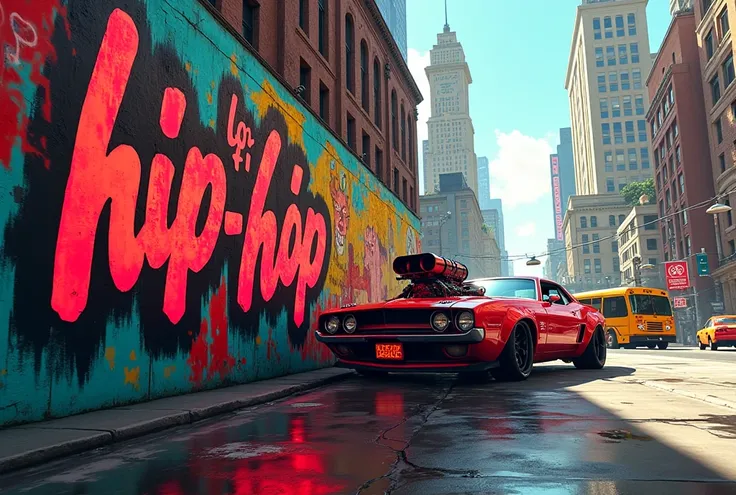 Graffiti on the wall in "emphasis" with text "Lo-fi Hip-Hop",  colored bus, street cars, fast and furious style,  v8 engine, red with black, street race, san andres,   borrowed letter .