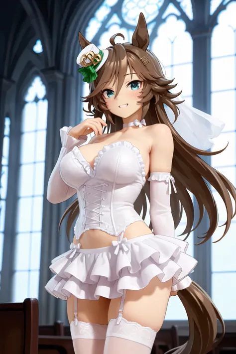 NSFW, Masterpiece, top quality, high resolution, very detailed,mr.c.b.\( umamusume\), Wedding Dress , ruffle mini skirt, detachable sleeves that span over subjectivity, Garter Belt , Happy Smile ,church