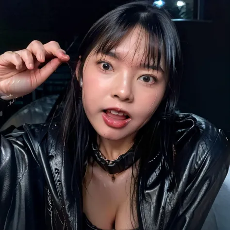  The pretty woman in the dark dungeon kneels ,  Wearing damaged and wet underwear ,  open your mouth wide ,  Stick out your tongue vigorously , ，There is also a beautiful black leather collar , 8k HD face , Wet sweaty skin sweats, Then take a picture of he...