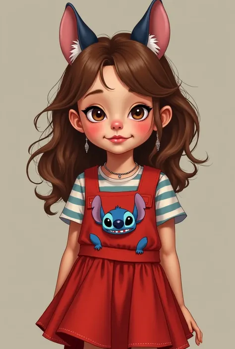 Fille avec les cheveux marron et en dessous de la poitrine avec Stitch sur les épaules et une veste rouge avec un visage kawaii et en décor un studio mignon et aussi elle a des oreilles de chat sur la tête