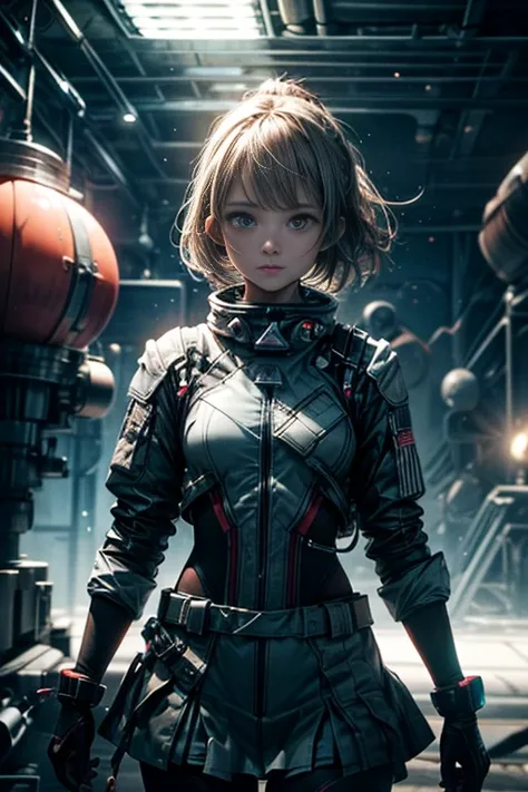 A girl in a spacesuit with a short skirt stands in front of the factory,  highest quality ,  Science fiction,  lonely space station , oppressive atmosphere,  loneliness, Neolight,  ponytails ,  young Russian girl in a futuristic spatial suit, bodysuit,  pr...