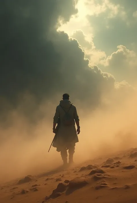  A lone traveler in the middle of a sandstorm , your barely visible silhouette between the gusts .  The darkened sky and the hostile climate reinforce the theme of the fight against adversity