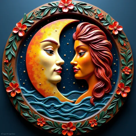 a round bas-relief with an intricate multicolored design, in the center of which is depicted a crescent moon with brutal male features and the sun with beautiful female features, which are combined into a single round structure symbolizing the union of the...