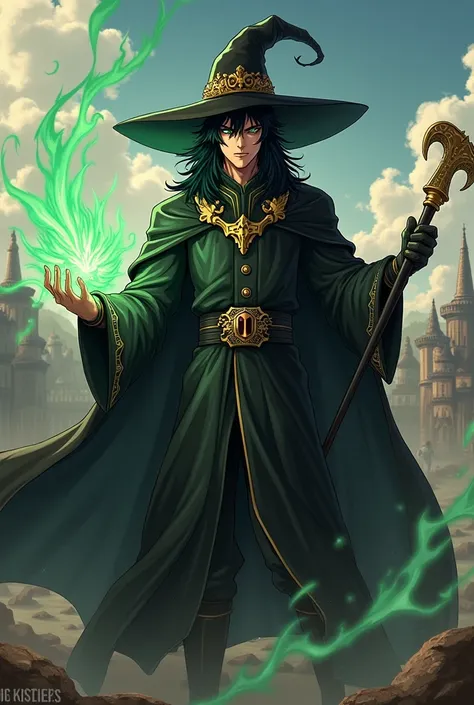 ( top quality,  borrowed letter ,  official art , beautiful and aesthetic:1.2)  men's anime earings, Rebel Witch Man ,  serious and closed personality,  black hair ,  green eyes,  bulky black coat,  wearing a black and gold cape ,  black and gold wizard ha...