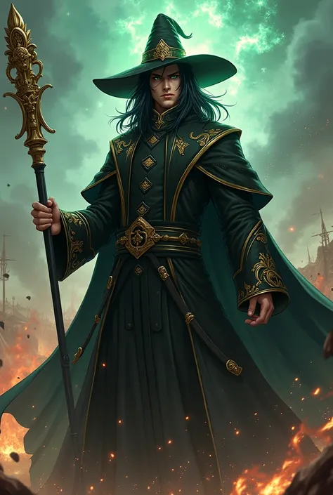 ( top quality,  borrowed letter ,  official art , beautiful and aesthetic:1.2)  men's anime earings, Rebel Witch Man ,  serious and closed personality,  black hair ,  green eyes,  bulky black coat,  wearing a black and gold cape ,  black and gold wizard ha...