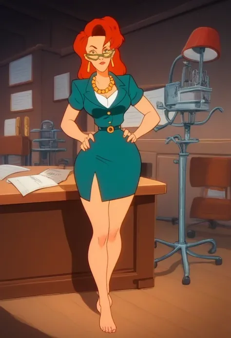 safe_pos, Score_9, Score_8_up, Score_7_up, 2d, cartoon, 1girl, Jmelnitz, wide hips, tiny waist, business attire, skirt suit, cleavage, earrings, necklace, glasses, sexy pose, wooden desk, office interior, looking at viewer,  flirting, sexy pose, redhead, t...