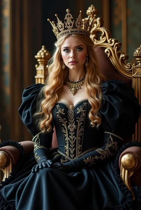 Dunkel blondes haar Queen with. With a magnificant crown.   Sits on Her Magnificant Powerful Throne .  She is wearing huge magnificant black golden baroque dress. Mamor Boden  . large hall.  To her drone . she wears high heels.  Powerful bright blue eye co...