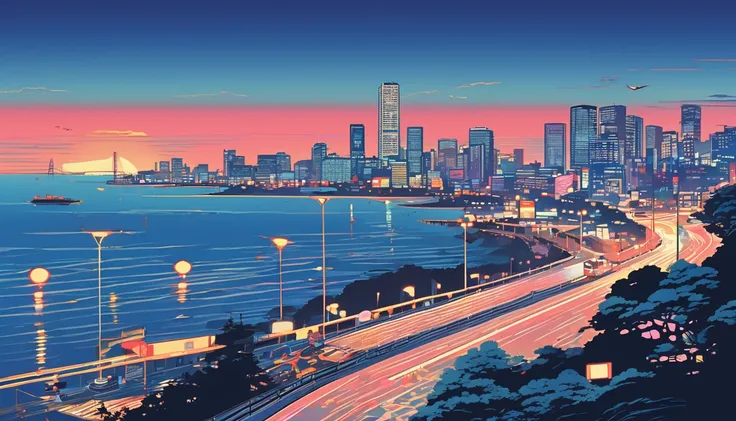 A highly detailed 80s Japanese city pop-style illustration of a city and downtown area at dusk. The illuminated seaside highway and calm beach contrast warmly with the clear blue gradient of the sky. The overall composition captures the nostalgic charm of ...