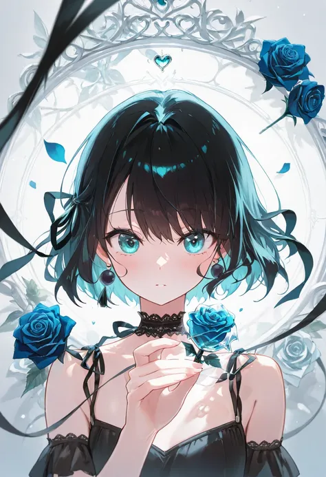  young woman，(赤いribbonが1つの目を覆っている), ribbon,  illustration ，With black aesthetics、 anime style，I can't believe how beautiful it was， Black pearl and blue roses， Monochrome minimalist portrait，Pop artistic sense，whole body，dynamic，wonderfulな目，dynamic，wonderf...