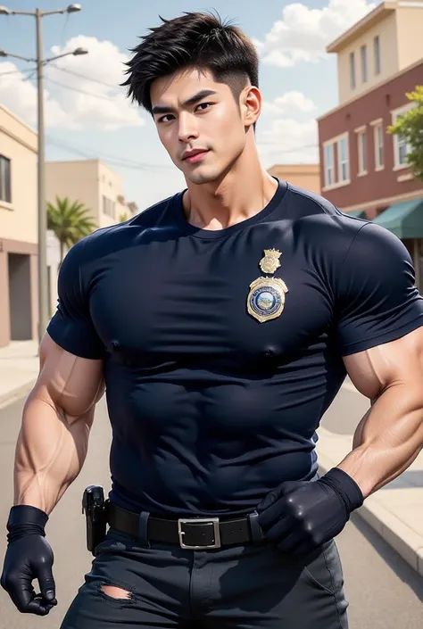 Anime-style illustration showing a man with short black hair cut short, wearing a navy blue short-sleeved crew neck t-shirt with a police logo, navy blue cargo pants, black gloves, (((and a shirt torn on the left chest.)))