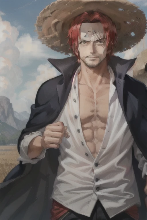 (masterpiece, best quality),  intricate details,
 1boy, man, red hair, straw hat, Shnks, shanks \(one piece\),  scar on face, short hair, shirt,  white shirt, male focus, open clothes, collared shirt, pants, cape, coat, open shirt, facial hair, scar, sanda...