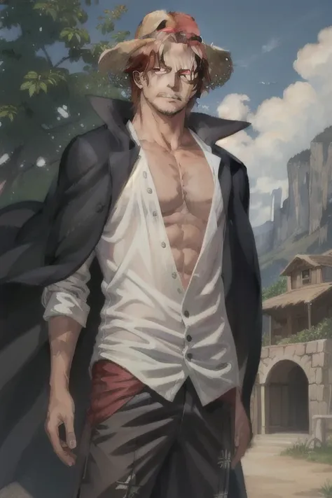 (masterpiece, best quality),  intricate details,
 1boy, man, red hair, straw hat, Shnks, shanks \(one piece\),  scar on face, short hair, shirt,  white shirt, male focus, open clothes, collared shirt, pants, cape, coat, open shirt, facial hair, scar, sanda...