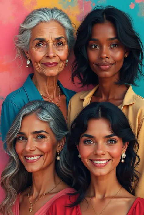 Create a collage of 4 women of different ages and skin colors 
An old woman
A ager
An adult
A young man