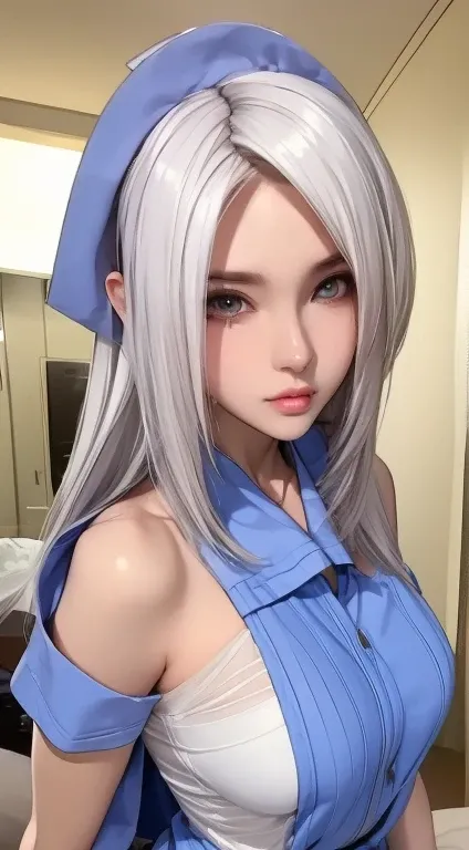  Perfect Body Beautiful Woman ：1.4， Layered Hairstyles， Protruding Clevage ：1.2， nurse uniform：1.5， highly detailed face and skin textures， double eyelids，Whitening the skin， Long white hair 