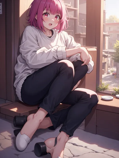  high resolution, 最 high quality,  high detail,  high quality,  very detailed,  super high heels, sleep, Hair,  bob hair, be happy,  droopy eyes , Red face,  black pants ,  anime style, 40 years old, sweater