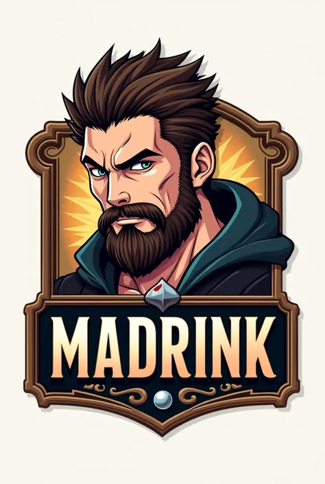 Create a logo that has a bearded anime-style man and that has REAL MADRINK written underneath in capital letters. Then create a bronze-colored frame and a small silver-colored ball 