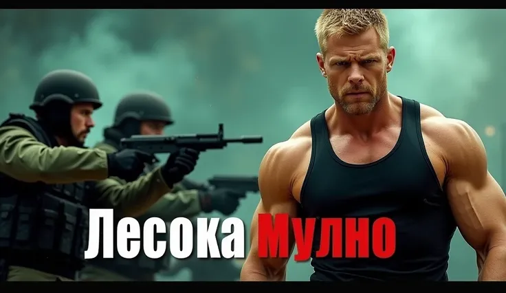  Image is a dramatic movie poster featuring a dynamic layout with a blend of action and intensity. On the right, a muscular man with short blonde hair and a stern expression is wearing a black tank top, showcasing a rugged and determined demeanor. His skin...