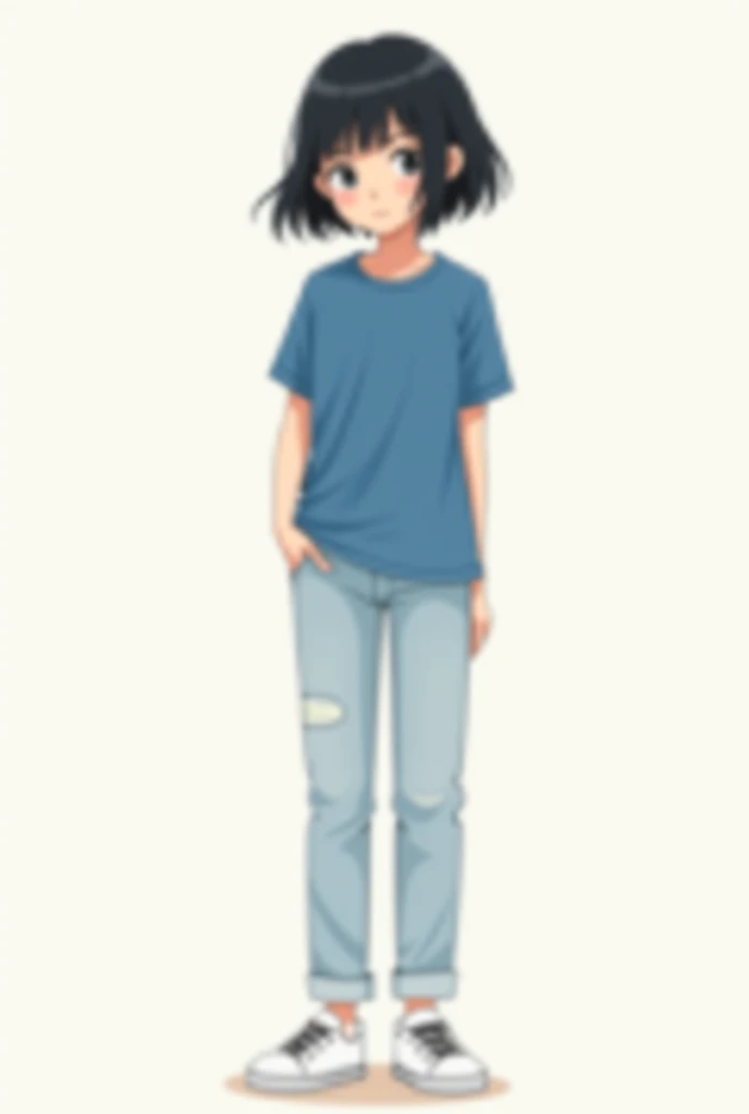 , estilo  Earthbound, standing, short black hair girl, blue t-shirt, light jeans, white sneakers, full body, clean background