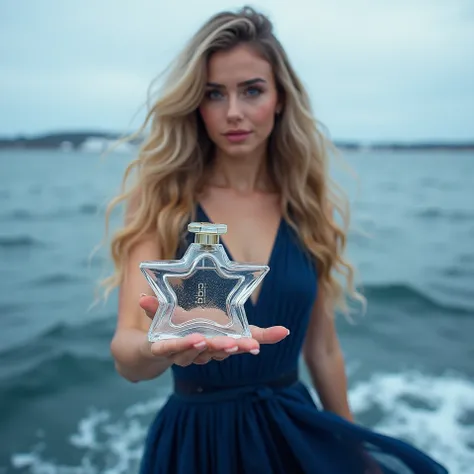  A woman,  long wavy blonde hair brown eyes,  skin made up with highlighter , defined nose, defined eyebrows wearing a luxurious navy blue dress she is wearing crystal jumps the woman is holding an imported perfume Lily Cosmetics with jasmine particles and...