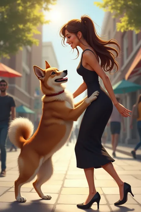 A girl  wearing black pencil-skirt dress and high heels, laughing happily while interacting with a cute dog. both facing each other. Dancing together, in the street, realistic