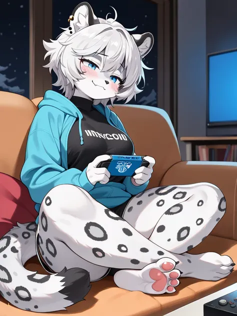 (Masterpiece, best quality:1.2), 1girl, console, tv, playing games, living room scenery, night, couch, indian style sitting, dark lighting, detailed shadows, BREAK, 1girl, furry girl, snow leopar ears, snow leopard tail, female is cute, big thighs, soles, ...