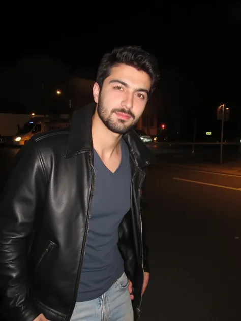 a young handsome turkish guy with muscle,  dark short hair and goatee beard he wearing a leather jacket with collar and a light loose jeans location is germany and its night random picture amateur photo amateur selfie