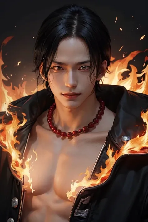 1man, ace in anime one piece, short hair , black hair, black eyes, handsome, smile, fire background, ultra detail, realistic