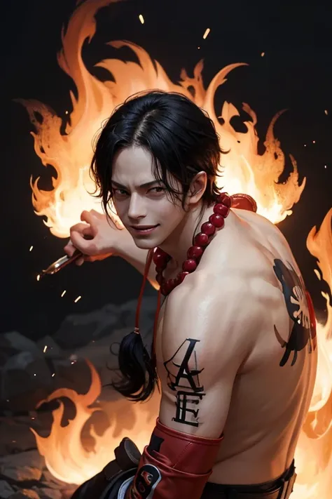 1man, ace in anime one piece, short hair , black hair, black eyes, handsome, smile, fire background, ultra detail, realistic