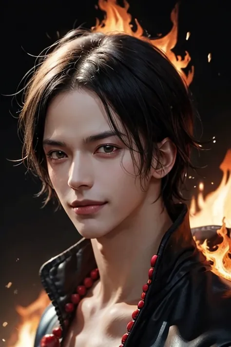 1man, ace in anime one piece, short hair , black hair, black eyes, handsome, smile, fire background, ultra detail, realistic