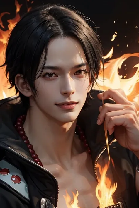 1man, ace in anime one piece, short hair , black hair, black eyes, handsome, smile, fire background, ultra detail, realistic