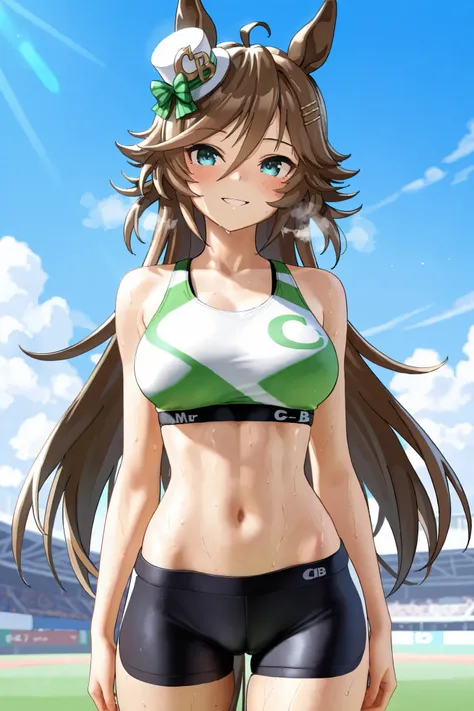 NSFW, Masterpiece, top quality, high resolution, very detailed,mr.c.b.\( umamusume\), sports bra、 Fitness Shorts , open,Crotch line,sweat, rough breath,blush, smile, athletics stadium, Seated 