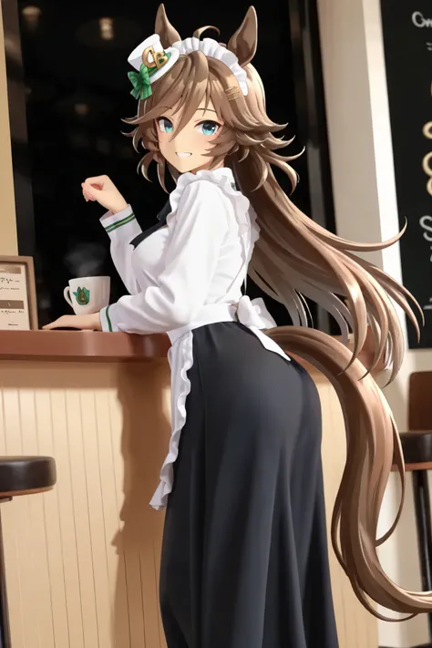 NSFW, Masterpiece, top quality, high resolution, very detailed,mr.c.b.\( umamusume\), maid clothes, long skirt, coffee shop, Happy Smile , cute pose 