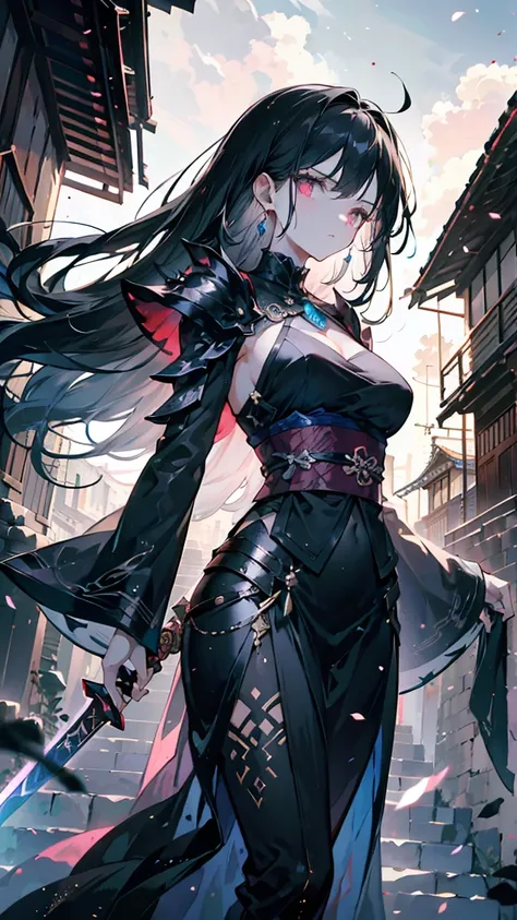 A fierce-looking and elegant swordswoman walks through an ancient village with Japanese architecture.  She wears a black costume detailed with medieval elements ,  including a metallic shoulder armor and a long flowing skirt .  Her black and long hair is s...