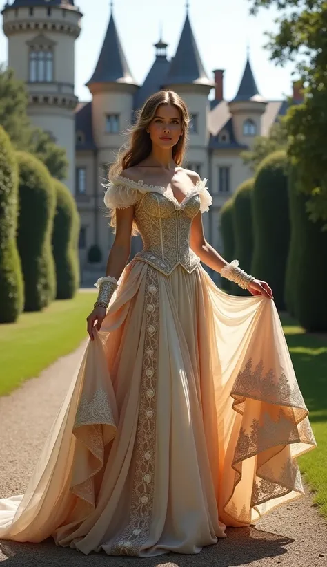 Victorian era, realistic female style flaunting her gown, Solo, High Resolution, outdoor castleLong Hair, 