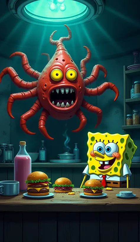 Scene 2 -Prompt: " The Cascarudo Crustacean converted into a dark and terrifying restaurant,  with mesmerized customers eating hamburgers with glowing eyes ,  while SpongeBob smiles maliciously in the kitchen ."
