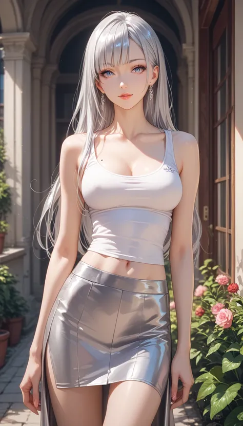 best quality, absurdres, わきDownを見せない, Down,  no background,  becomes transparent when you stare at it {x}, PE, front view, cowboy shot,  perfect beautiful face, Beautiful breasts,  thin legs, skinny, beauty mark, silver long hair,  tank top, long slit skir...