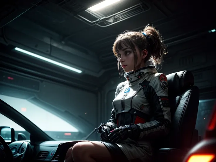   highest quality ,  Science fiction,  lonely space station , oppressive atmosphere,  loneliness, Neolight,  ponytails , a girl is sitting in a futuristic car and talking to a robot standing next to the car,  photorealistic , incredible masterpiece , 16 th...