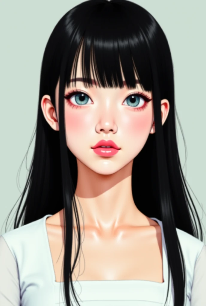 Ultraman Rising Style .  A 25-year-old woman .  fair skin .  round face.  Light blue dropped eyes.  pink lips.  Long black hair,  V-shaped straight bangs .  White shirt with square neckline .