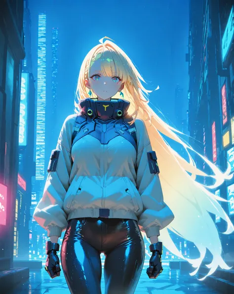 ((( borrowed letter , 8k,  masterpiece: 1.3)), (( borrowed letter )), (( masterpiece)), ( detailed),  perfect face,  Cyberpunk, jacket,  leather pants , Cybercity, night,  blond hair,  ,  Crystal Earrings, Futurism,  cinematographic lighting,  Ray Tracing ...