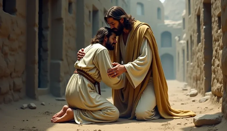 An afflicted person praying and Jesus embracing and calming