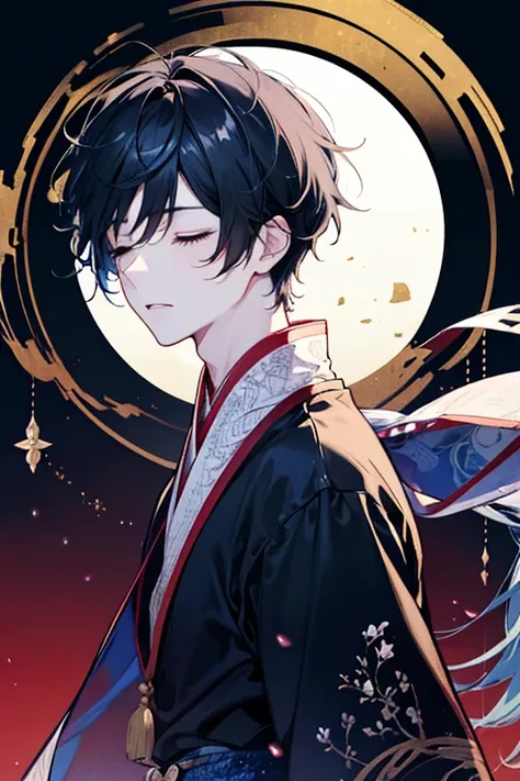  {{One boy、Onmyoji、、   black hair、  high image quality,    is anatomically correct  ,   SHORTCUTS ,   closed eyes  , Solemn,   Glitter Effect ,   anime style, 